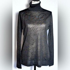 Anne Klein Semi Sheer Black Metallic Shimmer Lightweight Turtleneck Sweater NWT